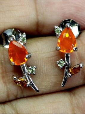 Genuine Teardrop Orange Opal Tulip Stud Earrings in 925 Sterling Silver
